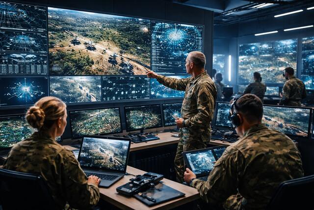 Military personnel coordinating defense operations inside a high-tech command center with large digital screens displaying maps, drone footage, and tactical data.