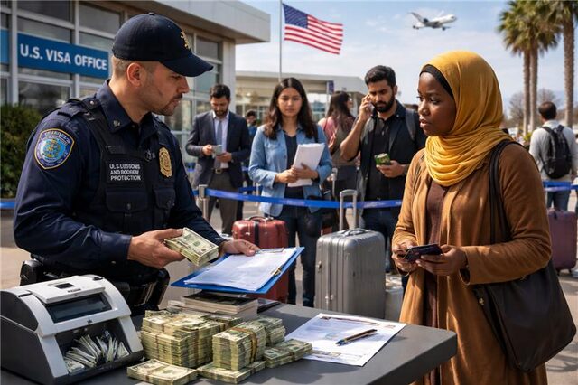 U.S. customs officer discussing visa bond with international traveler.