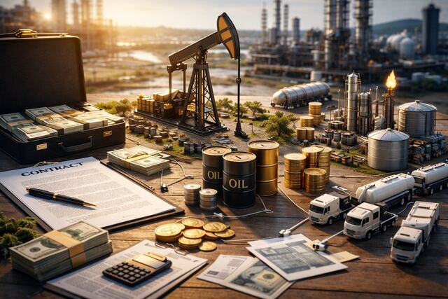 Oil deal setup with barrels, contracts, cash, trucks, and refinery models.