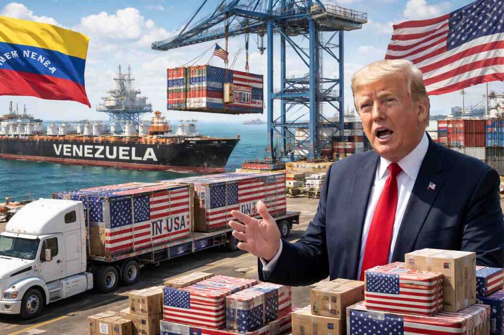 President Trump at a busy seaport with American and Venezuelan flags, shipping containers marked "MADE IN USA," and a Venezuelan oil tanker in the background.