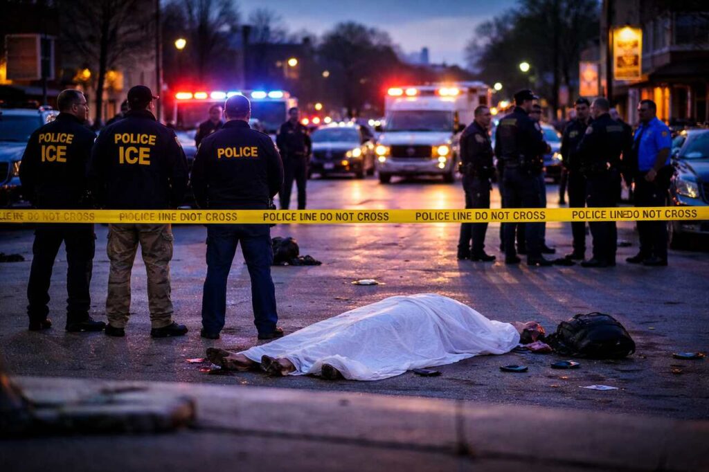 A nighttime Minneapolis street crime scene with police and immigration agents standing behind yellow police tape as emergency vehicles flash lights, while a covered body lies on the road.