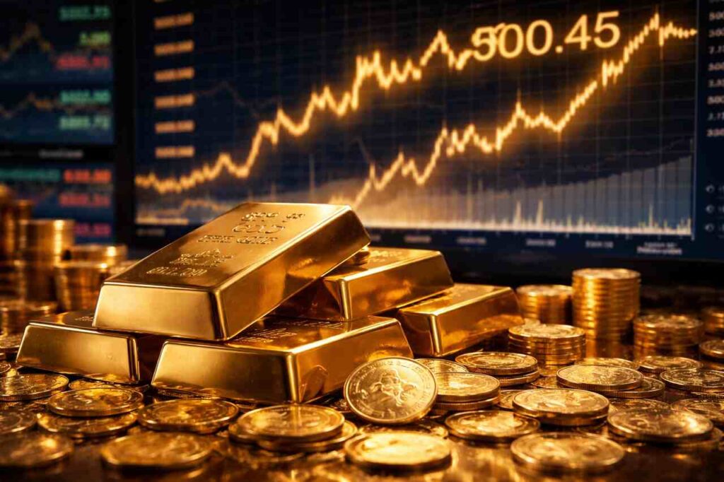 Stack of gold bars and coins in front of a rising gold price chart on a digital screen