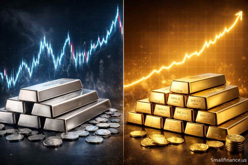 Silver was the most volatile in 40 years, while gold de-leveraged and became less volatile. Silver bars with volatile price chart contrasted against stable gold bars with steady upward trend