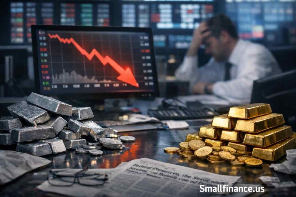 Silver bars and gold bars on a trading desk with a sharp red downward market chart showing a major precious metals sell-off.