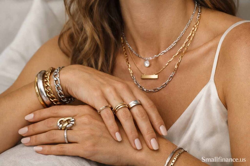 Close-up of a woman’s hands and neck adorned with layered silver and gold rings, bracelets, and necklaces on a neutral background, showcasing modern jewelry styling.