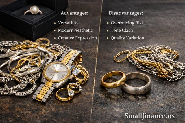Silver and gold jewelry showing pros (Versatility, Modern Aesthetic, Creative Expression) and cons (Overmixing Risk, Tone Clash, Quality Variation); Smallfinance.us.