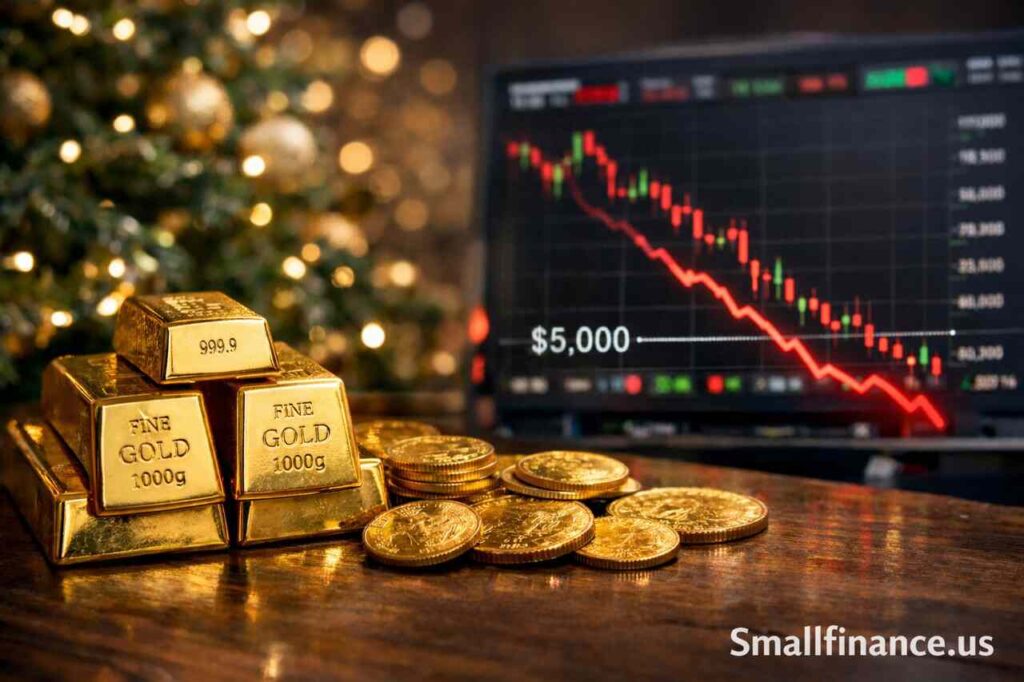 Gold bars and coins with falling market chart in background during holiday trading session
