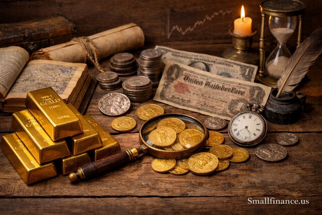 Gold bars and antique coins on a wooden table with vintage currency and candlelight. Smallfinance.us on the lower side.