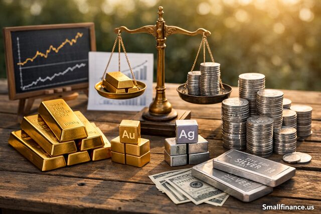 Gold bars and silver coins on a balance scale with charts and currency, illustrating the gold-to-silver ratio.