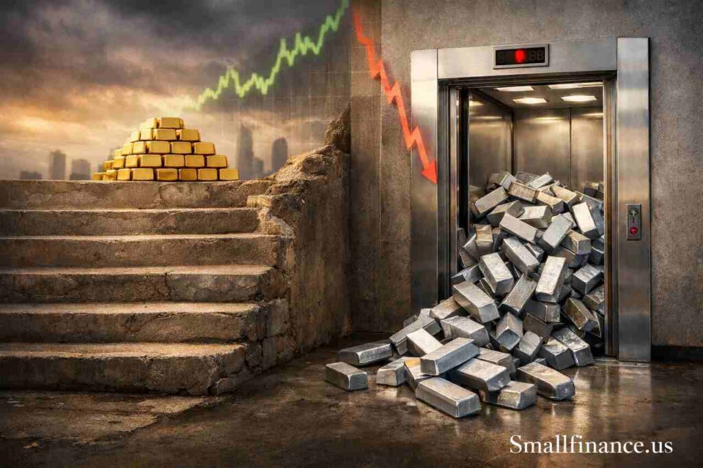 Realistic illustration showing gold bars rising on stairs while silver bars fall from an elevator, representing market volatility.