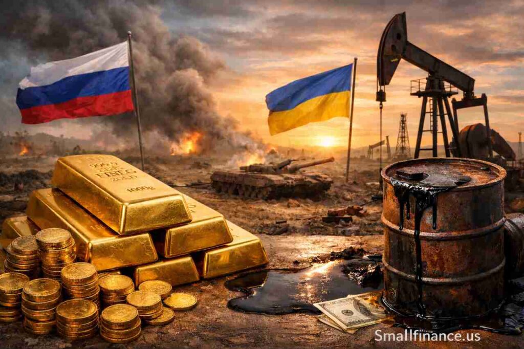 Gold Hits $5,000 as Talks Between Russia and Ukraine Come to a Standstill; Oil Jumps Gold bars and oil barrel with Russia and Ukraine flags symbolizing gold hitting $5,000 and oil price surge.