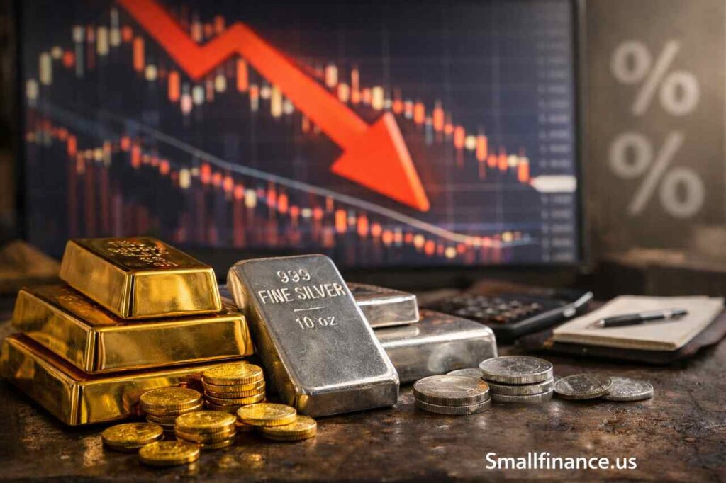Gold and silver bars with a falling financial chart in the background showing market decline