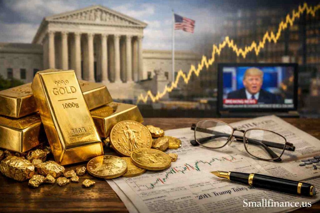 Gold Prices Are Still Going Up even though the Supreme Court Threw Out Trump’s Taxes Stacks of gold bars and coins on a newspaper with stock charts, glasses, and U.S. Supreme Court in the background, symbolizing rising gold prices.
