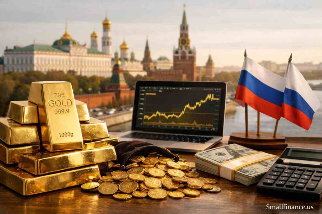 Russia Generated Up To $1.68 Billion In Revenue By Selling 300,000 Ounces Of Gold Gold bars stacked with financial chart background representing Russia’s $1.68 billion gold revenue in January.
