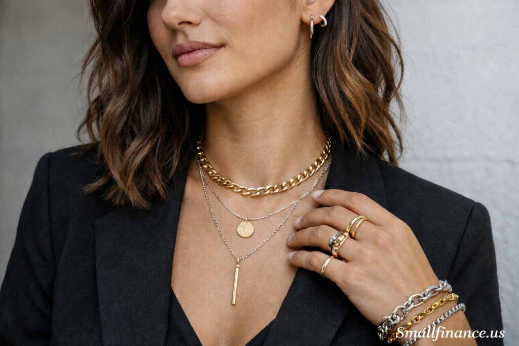 Can You Wear Silver and Gold Together? Guide to Mixing Silver Jewelry and Gold Jewelry Woman wearing layered gold and silver necklaces with mixed metal rings and bracelets styled in modern fashion.