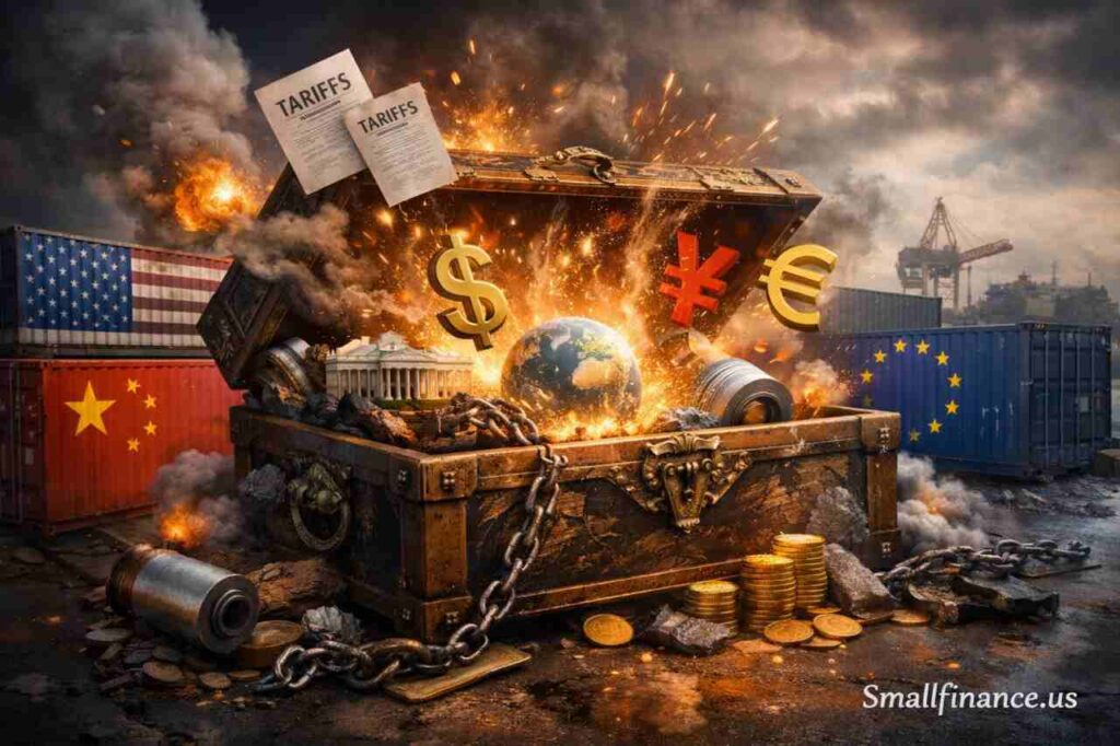 Pandora’s box symbolizing Trump international tariffs disrupting global trade