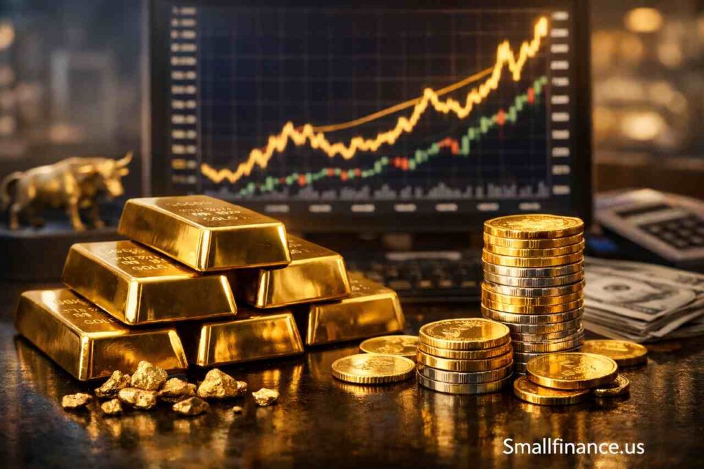 Gold bars and coins stacked with rising price chart in background symbolizing Bank of America $6,000 gold forecast