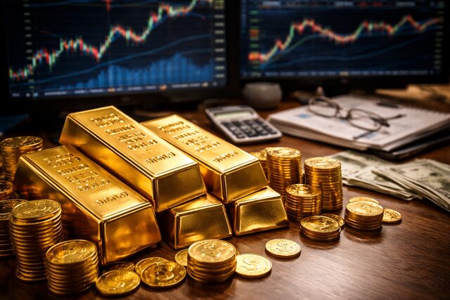 Gold bars and coins on a desk with financial charts in the background.