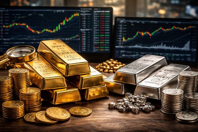 Gold and silver bars with coins, showing precious metals market stability.