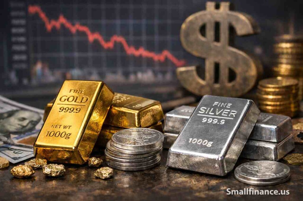 Gold and silver bars with coins beside US dollar symbol and falling market chart.
