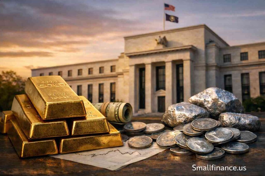 Gold Holds Firm While Silver Softens Ahead of the Fed Gold bars and silver coins in front of the Federal Reserve building.