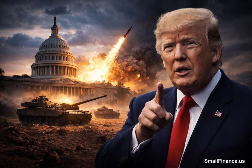 Did Trump Have To Get Congress’s OK to attack Iran? What you need to know Donald Trump pointing with the U.S. Capitol and explosions behind, depicting potential Iran strike scenario.