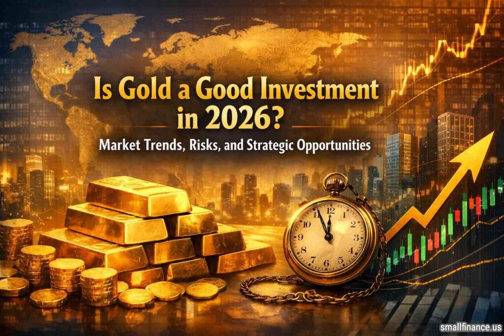Is Gold a Good Investment in 2026? Market Trends, Risks, and Strategic Opportunities Gold bars with rising market chart and city skyline representing gold investment in 2026
