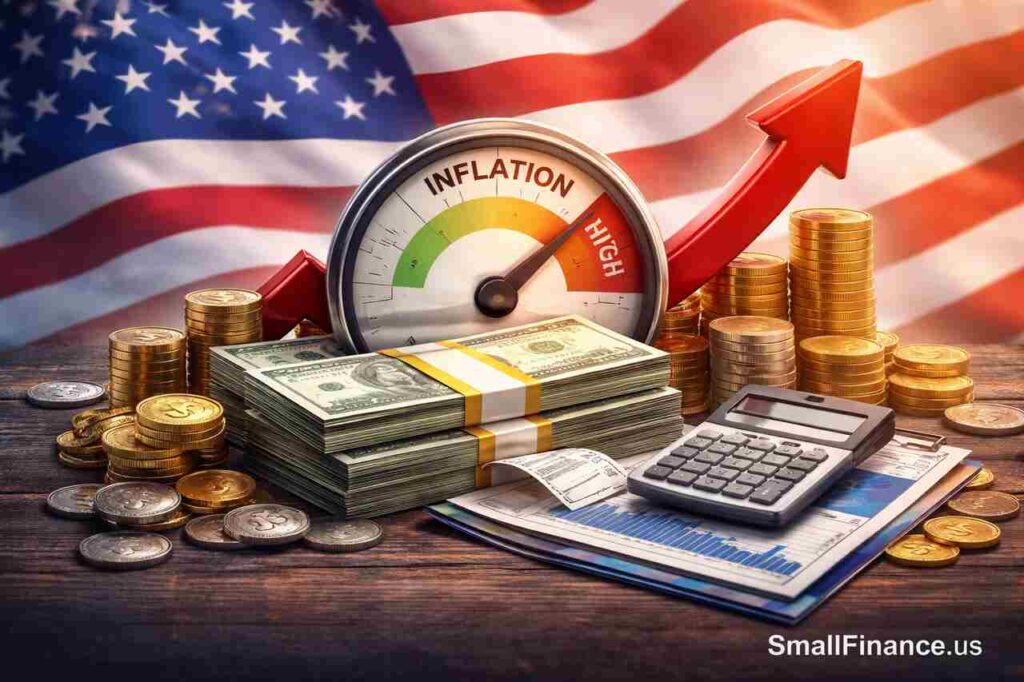 U.S. Inflation Is Predicted By A Global Forecasting Group To Be 4.2% this year U.S. inflation concept with rising arrow, cash stacks, coins and calculator representing economic pressure