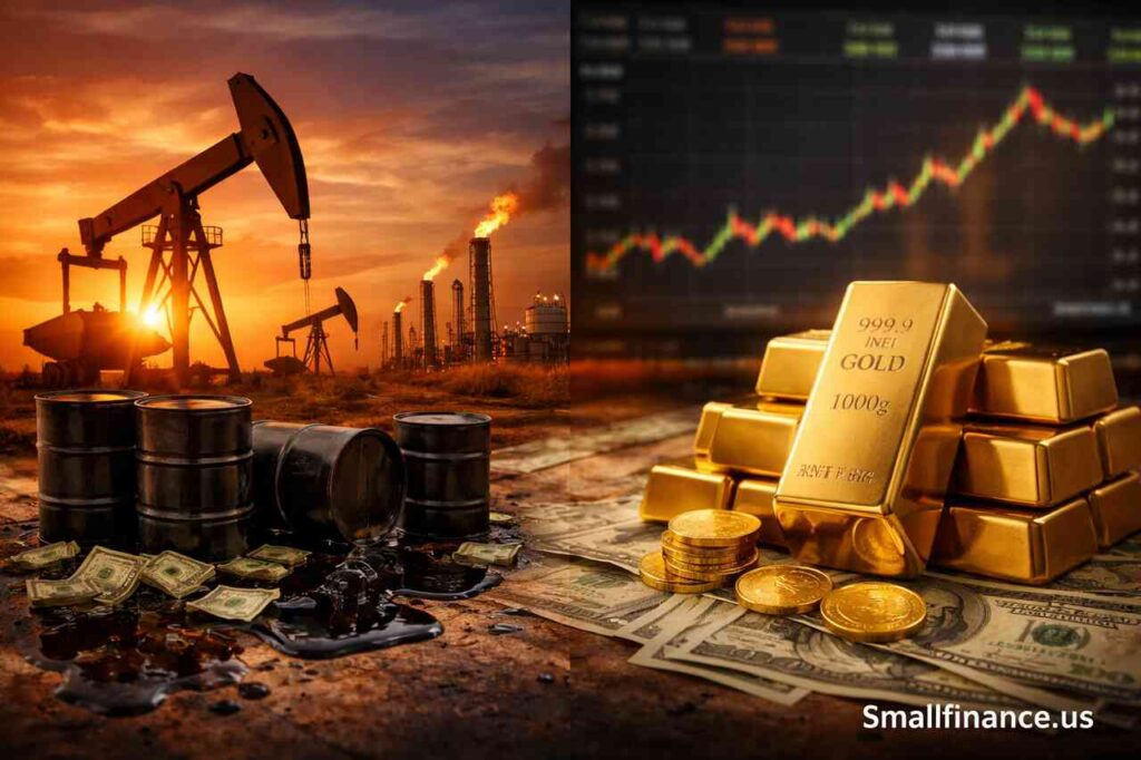 Oil Prices vs Gold Market: Compare Inflation Hedges, Economic Signals, and Trading Dynamics Realistic split image showing oil pumpjacks and barrels on one side and gold bars with coins on the other, representing oil vs gold market comparison.
