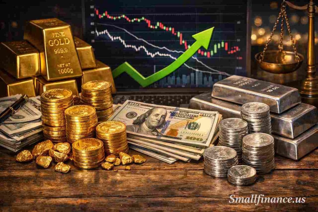 Gold And Silver Prices Rise Strongly As USDX And Bond Yields Fall Gold and silver bars with rising market trend as USD index and bond yields decline