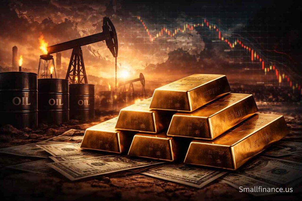 Gold Goes Up When Oil Prices Go Down, But Problems In Iran And Changes In The Currency Gold bars with oil barrels and pump jacks in background showing market tension, Iran crisis and falling currency impact