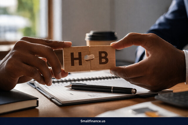 Close-up of two hands connecting wooden puzzle pieces marked “H” and “B” on a desk with a notebook and pen, symbolizing understanding context.