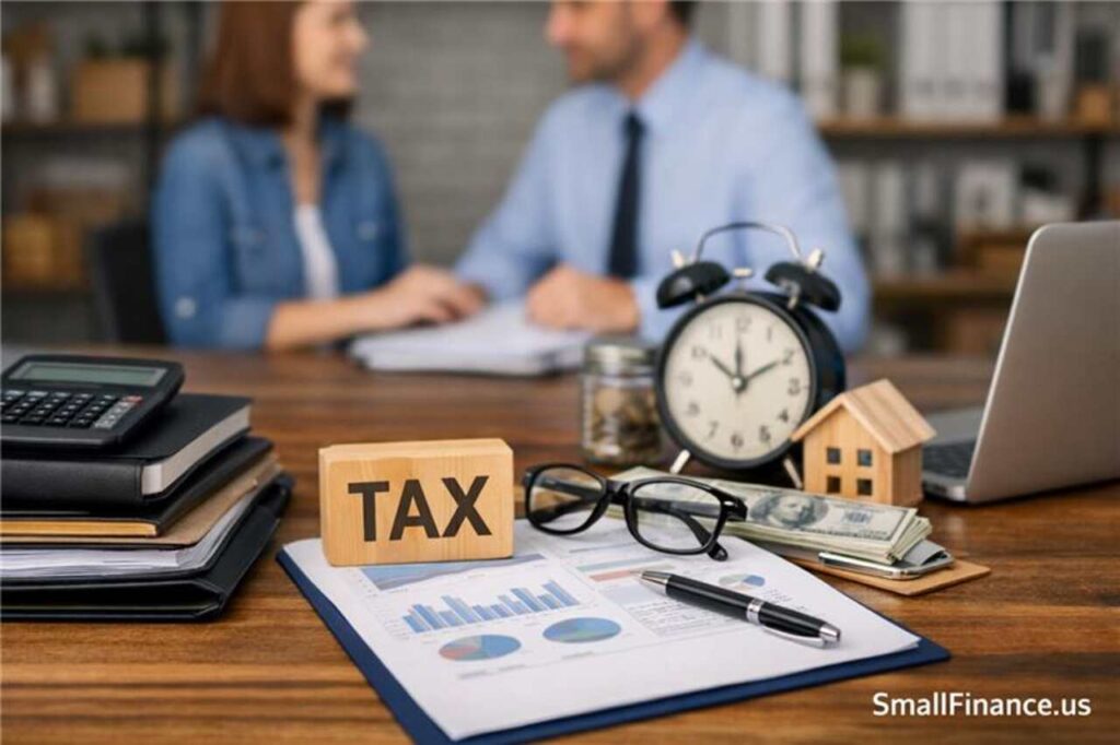 Small business CPA consultation with financial documents and tax planning tools