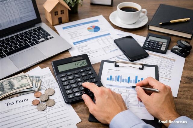 Small business accountant managing financial reports and calculations