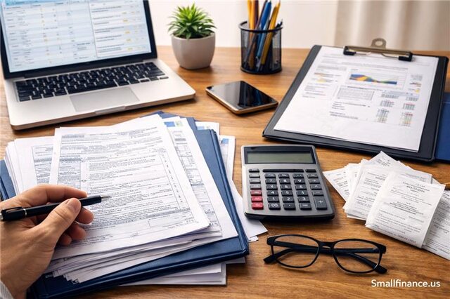 Organized financial documents and calculator on desk before CPA meeting