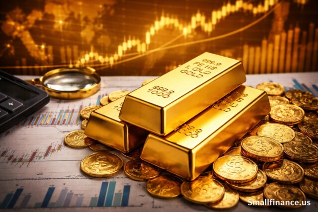 Gold bars and coins with financial charts symbolizing safe-haven investment