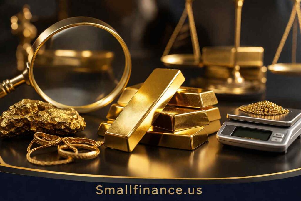 Gold bar inspection with jewelry and scale