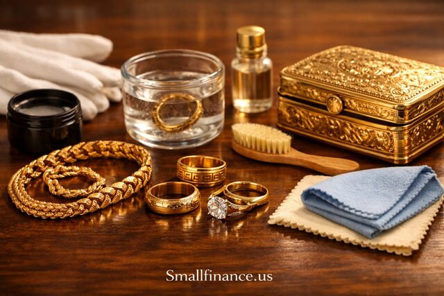 Gold jewelry cleaning and maintenance setup with rings, necklace, bracelet, tools, and cleaning solution on a wooden surface.