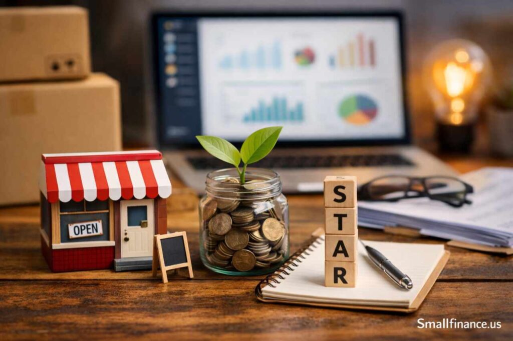 Low cost small business startup concept with savings and workspace