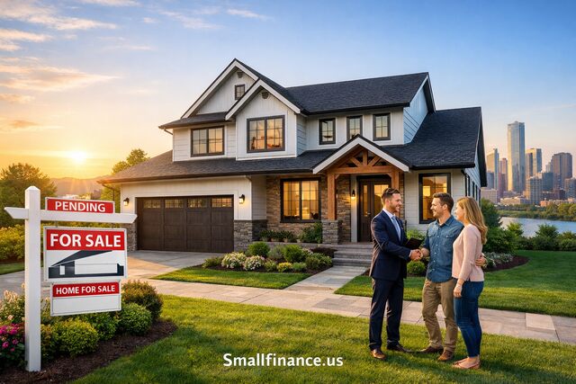 Couple with real estate agent in front of a modern house at sunset with a “For Sale” sign, Smallfinance.us branding.