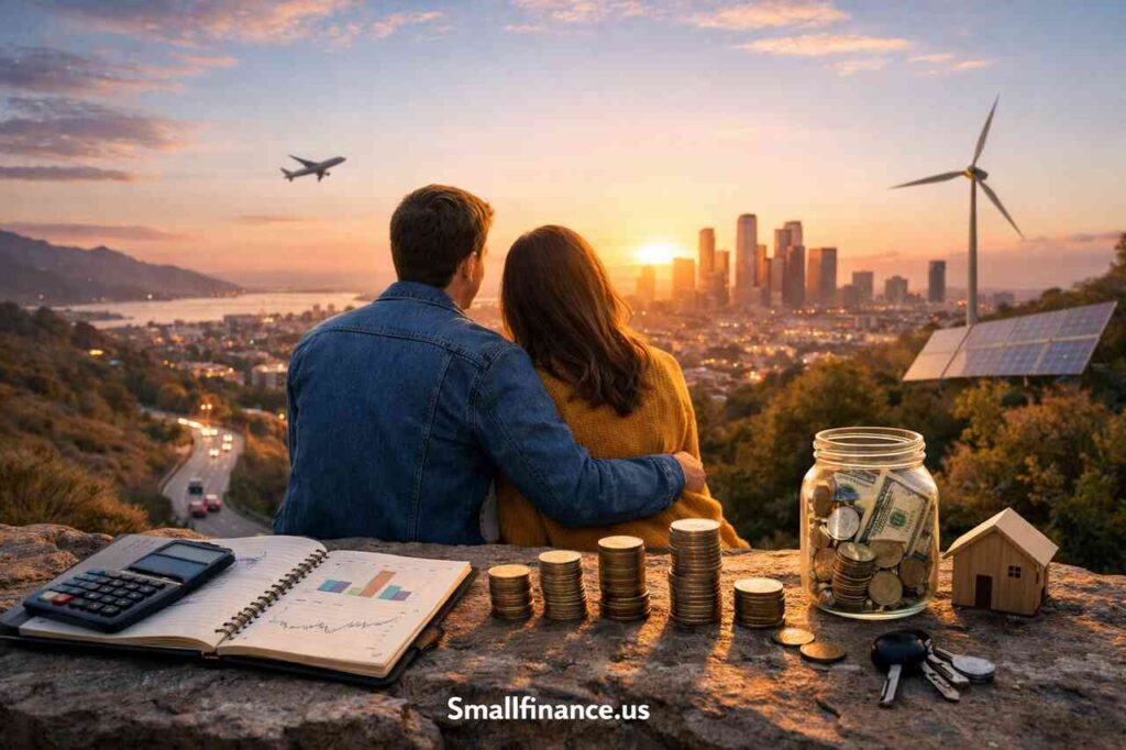 Couple planning finances with savings jar, coins, and house model overlooking city at sunset representing personal finance growth