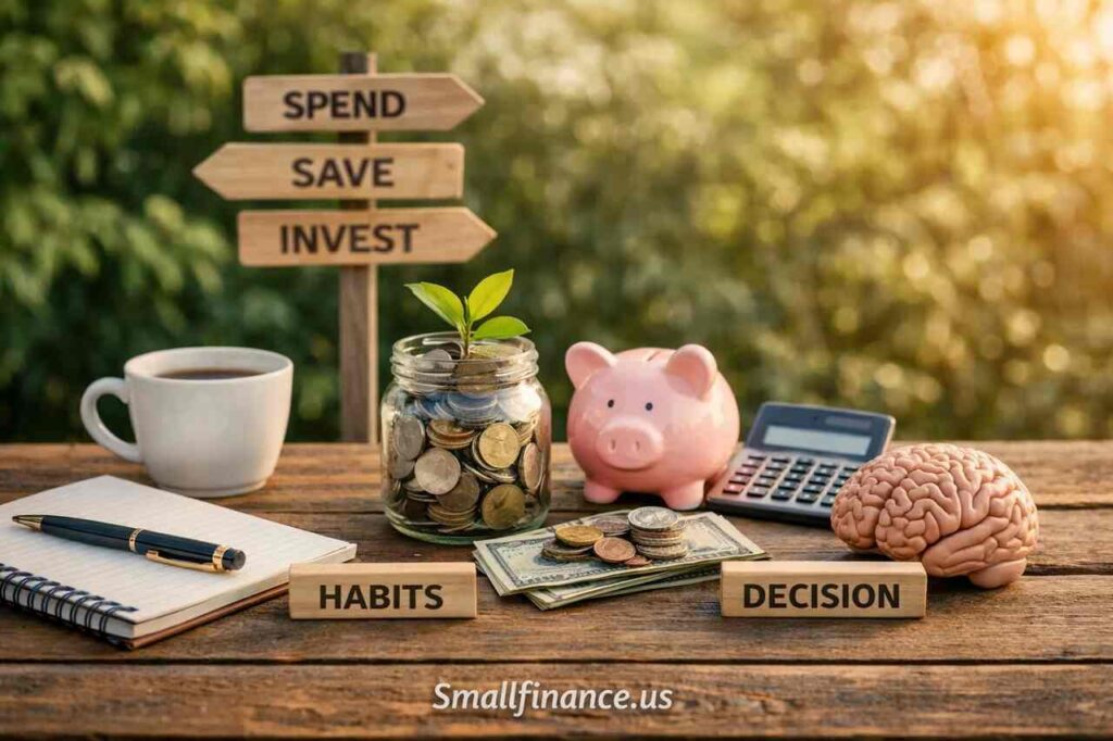 Personal finance concept showing piggy bank, coins jar with plant, cash, calculator, and habit and decision blocks representing saving, investing, and money behavior