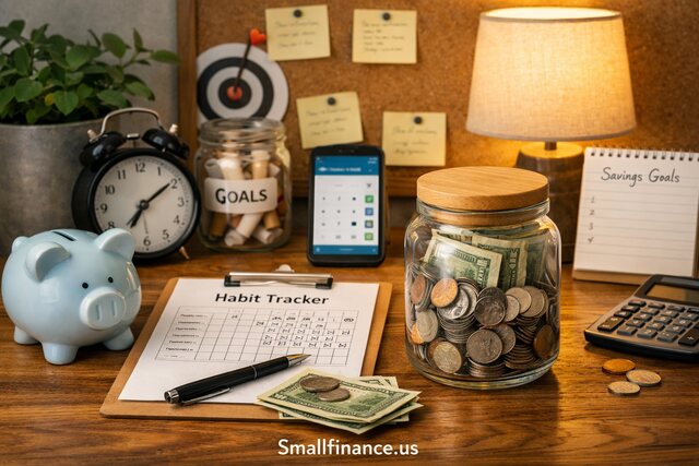 Financial desk setup with piggy bank, coins, habit tracker, and budgeting tools representing consistent saving habits.