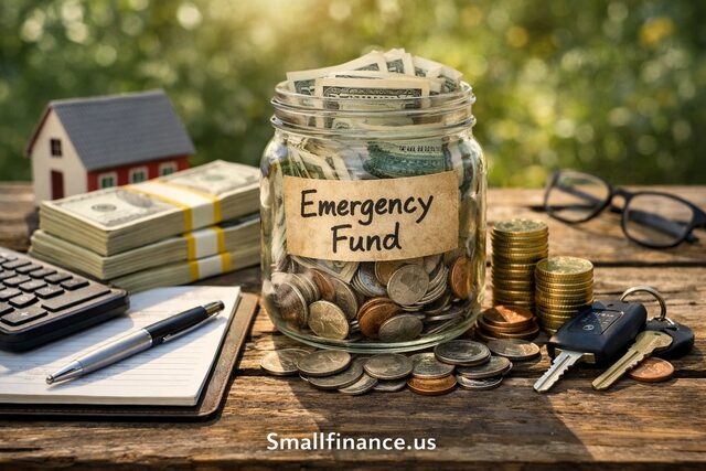 Glass jar filled with money representing an emergency fund on a wooden table with financial items, Smallfinance.us branding at bottom.