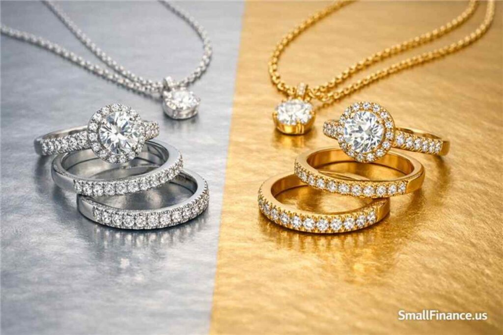 White gold vs yellow gold jewelry comparison with rings and necklaces