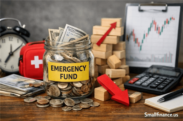 Emergency fund savings with financial tools and risk concept