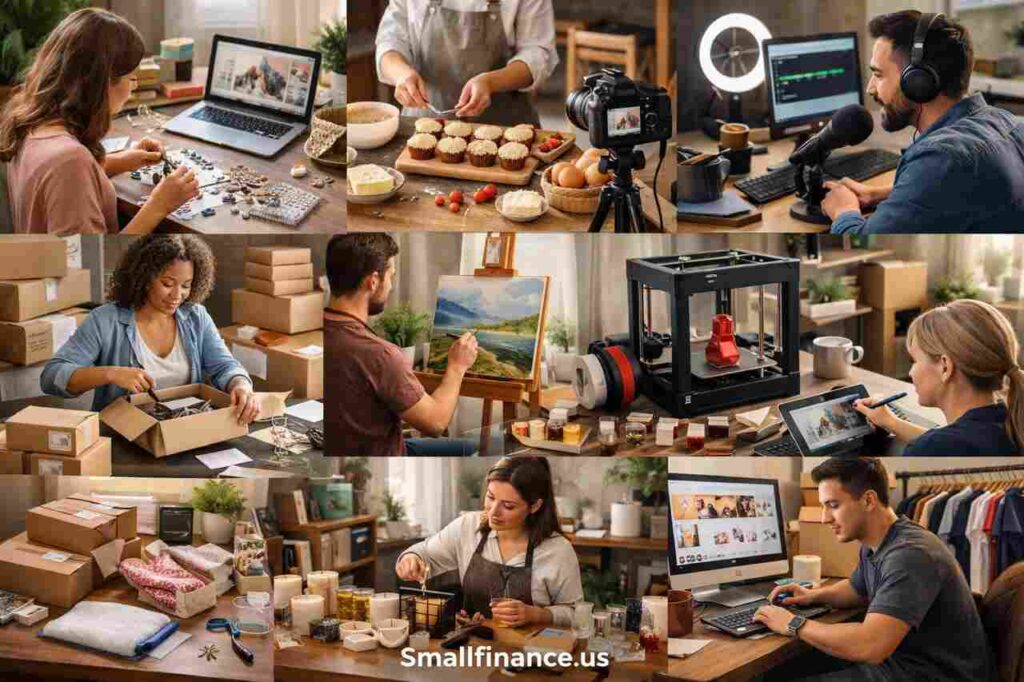 Profitable home-based small business ideas in the USA showing people working from home in e-commerce, crafting, baking, content creation, and digital services