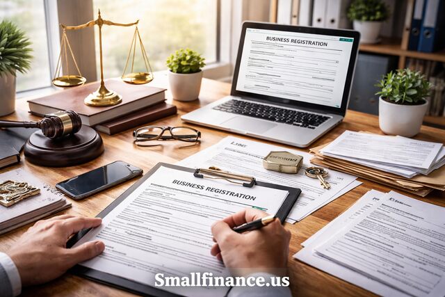 Person signing business registration papers at a desk with laptop and legal tools.
