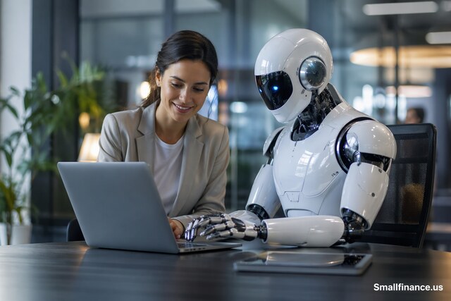 Woman and humanoid robot working together on a laptop in a modern office.