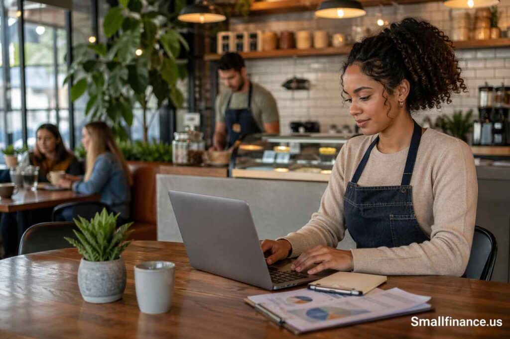 Entrepreneur working on laptop in a modern café setting planning a small business startup